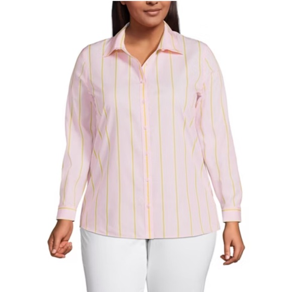 Lands' End Tops - Lands' End Women's No Iron Supima Pink and Yellow Striped Button Down Shirt